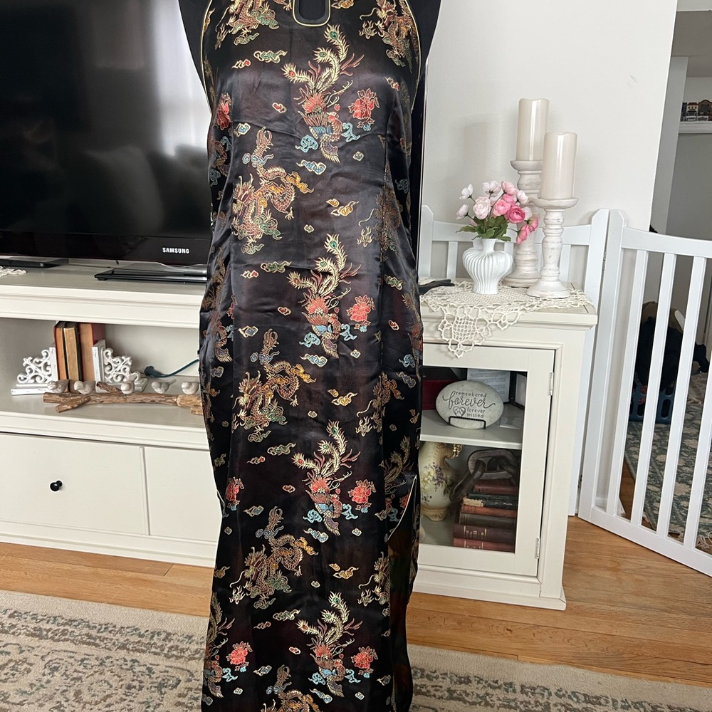 Black Satin Embroidered Dragon Maxi Dress